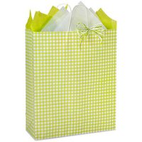 NW Apple Green Gingham Paper Shopping Bags - Queen Size - 16 x 6 x 19in. - 150 Pack