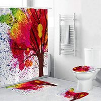 Naiflowers 4 Piece Non-Slip Bathroom Toilet Rug Mats pad & Rug Contour& Shower Curtain with Hooks & Lid Cover, Entryway Kitchen Washable Bath Shower Curtain Carpet, Beach Sea Style