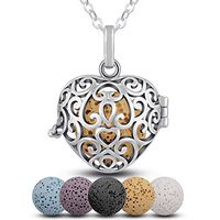 Lava Stone Aromatherapy Essential Oil Diffuser Locket Pendant Necklace with Stylish Chain,Copper Plated Silver,30",5 Rocks (heart cage-18mm)