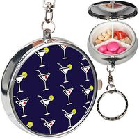 Portable Metal Pill Organizer Keychain Case Stash Box with 3 Compartments for Medicine Vitamin (Martini Cocktail Glass On)