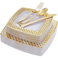 WDF 125PCS Gold Plastic Plates with Disposable Plastic Silverware,Diamond Square Plastic Tableware include 25 Dinner Plates,25 Salad Plates,25 Forks, 25 Knives, 25 Spoons