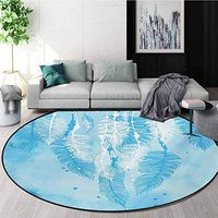 RUGSMAT Native American Round Rugs for Bedroom,Watercolors Style Digital Made Feather Hanging Down in Picture Aztec Symbol Circle Rugs for Living Room,Diameter-39 Inch Blue White