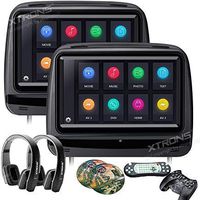 XTRONS Black 2x9 Inch Pair Touch Screen Car Auto Headrest DVD Player Black New Version Headphones Included