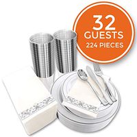 224 PCS Silver Plastic Dinnerware Set for 32 Guests. Silver Plastic Plates with Silver Cups Silverware and Napkins. Ideal for Parties, Weddings, Fancy & Elegant Dinners. Heavyduty Hard