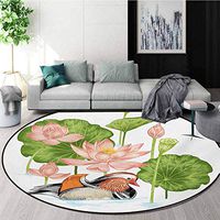 RUGSMAT Rubber Duck Warm Soft Cotton Luxury Plush Baby Rugs,Baby Mandarin Duckling in Pond with Lotus Lily Flowers Water Painting Kids Teepee Tent Game Play House Round,Diameter-35 Inch