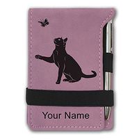 Mini Notepad, Cat with Butterfly, Personalized Engraving Included (Pink)