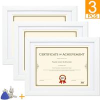 Memory Island Document Diploma Frames 8.5x11 with Mat, Set of 3 Pack, Certificate Frames, White, Glass Fronts. Vertical or Horizontal Display, Wall Decor Frame