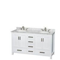 Wyndham Collection Sheffield 60 inch Double Bathroom Vanity in White, White Carrara Marble Countertop, Undermount Oval Sinks, and No Mirror