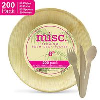 [New, 2020 Product] Palm Leaf Plates 8" Round 200 Pack (50 Plates, 50 Forks, 50 Knives, 50 Spoons),Wooden Cutlery Bundle, Heavy Duty Biodegradable, Disposable, Compostable, FDA Approved