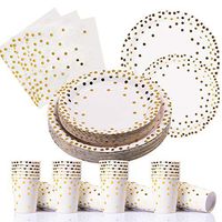 PartyFun 200PCS Gold Dot Disposable Paper Plates, Cups and Napkins, Tableware Sets include 50 Dinner Plates, 50 Dessert Plates, 50 9oz Paper Cups, 50 Napkins, for Baby Shower Birthday Wedding Party