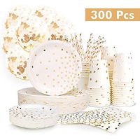 300PCS Gold Paper Party Supplies - Disposable Paper Plates Dinnerware Set Gold Dots 50 Dinner Plates 50 Dessert Plates 50 Cups 50 Napkins 50 Straws 50 Balloons Birthday Party Wedding Holiday