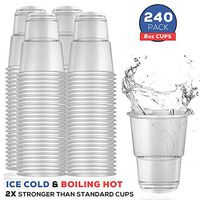 8 oz Clear Plastic Cups - 200 Pack with 40 Bonus Disposable 9oz Wine Party Cups. Upgraded Cup Technology, these glasses can Handle Ice Cold Water to Chilled Wine to Boiling Hot Tea, with step handle