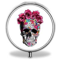 Skull Flower Pill Case, Round Stainless Drug Organizer Container Medicine Cover for Pocket Daily&Weekly
