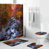 Naiflowers 4 Piece Non-Slip Bathroom Toilet Rug Mats pad & Rug Contour& Shower Curtain with Hooks & Lid Cover, Entryway Kitchen Washable Bath Shower Curtain Carpet, Beach Sea Style