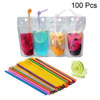 100 Pcs Zipper Stand-up Plastic Clear Drink Pouches with Straw, No Leakage Drink Reusable Juice Bags,Disposable Drink Pouch Smoothie Bag for Freezing Juice and 1 Silicone Funnel