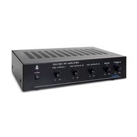 Compact Mini Home Power Amplifier - 100W Smart Indoor Audio Stereo Receiver w/ RCA, 3 Microphone IN, AUX, 25/70V Outputs, LED, Input Selector, For PA, Amplified Speaker Sound System - Pyle PCM60A