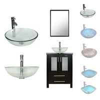 LUCKWIND Bathroom Vanity Vessel Sink Combo - 24 Cabinet Stand Mirror Artistic Glass Round Vessel Sink Faucet Drain ORB Single Storage Drawer (2 Door 2 Drawer Single - Espresso - Clear Glass Vessel)