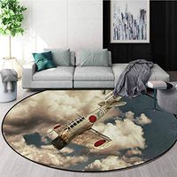 Airplane Modern Machine Round Bath Mat,Old School Plane Flying Between Clouds Model Aviation Traveling Illustration Non-Slip No-Shedding Kitchen Soft Floor Mat Round-71 Inch,Cream Blue Red