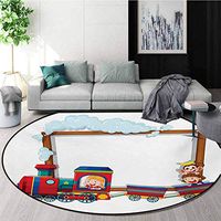Kids Modern Machine Washable Round Bath Mat,Joyful Children Traveling On A Cartoon Train with A Funny Monkey Toddler Nursery Theme Non-Slip Living Room Soft Floor Mat,Round-71 Inch