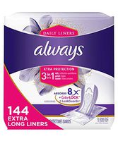 Always Xtra Protection 3-in-1 Daily Liners Extra Long with Leakguards, 144 Count, Unscented, (3 Packs of 48 - 144 Count Total)