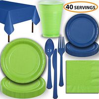 Disposable Party Supplies, Serves 40 - Lime Green and Blue - Large and Small Paper Plates, 12 oz Plastic Cups, Heavyweight Cutlery, Napkins, and Tablecloths. Full Two-Tone Tableware Set