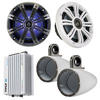 Marine Speaker Package 2x Kicker KM654LCW 6.5" LED Light Marine Boat Audio Speakers Bundle Combo With 2x Kicker KMTESW 6"-6.5" Wakeboard Tower Enclosures + Waterproof Bluetooth 400 Watt Amplifier