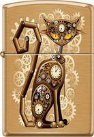 Zippo Industrial Machinery, Cat with Gears, Steam Punk, Brushed Brass Lighter