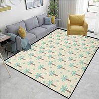 YucouHome Palm Tree Flowers Door Mat Outdoor Waterproof, Cartoon Style Pattern with Coconut Trees and Cactus Exotic Growth, Fashionable High Class Living Dinning Room(2.5'x 7') Cream Cocoa Mint Green