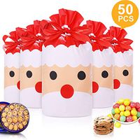 50pcs Christmas Candy Cookies Drawstring Gift Bags 7”×4”, Plastic Treat Bags with Bow-Tie for Birthday Party Wedding Favor,V