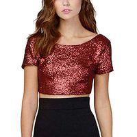 Sunhusing Women's Casual Loose Round Neck Short Sleeve Solid Color Glitter Sequin T-Shirt Short Navel Tops(Red,S)