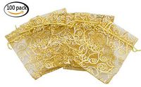 Youkwer Organza Drawstring Pouches 5x7 Inches 100Pcs for Jewelry Gift Candy Party Wedding Favor Bags (Yellow with Gold Details) (Champagne with Gold Details, 5x7 Inches)