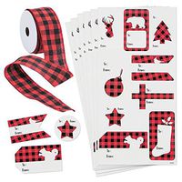 Buffalo Plaid Gift Wrap Supplies - 48 Sticker Tags & 10 Feet of Ribbon