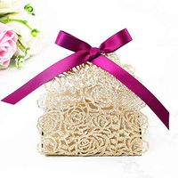 PONATIA 50 PCS Laser Cut Gold Glitter Boxes with Burgundy Ribbons Wedding Party Favor, Wedding Gift Bags Chocolate Candy and Gift Boxes (Gold Glitter)