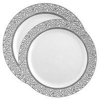 Posh Party Supplies | Designer Lace White with Silver Rim Plastic Plate Combo for 20 Settings | 20 10.25" Dinner Plates| 20 7.25" Salad Plates | 40 Piece Set