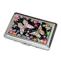 Mother of Pearl Butterfly Flower Design Engraved Metal Stainless Steel Cigarette Holder Case Storage Box