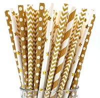 Gold Paper Straws by PGK - 200 Box, Gold and White Paper Straws, Friendsgiving Decorations, Thanksgiving, Gold Striped Paper Straws (Gold)