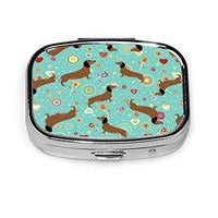 Dachshunds On Turquoise Floral Background Pill Box Square Metal Pill Case Two Compartment Pocket Medical Drug Tablet Medicine Storage
