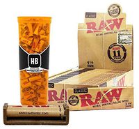 189 RAW Pre-Rolled Tips, RAW Natural Unrefined 1 ¼ (Full Box), RAW 79mm Roller, with Hippie Butler Pop Top Storage Container- 4 Item Bundle