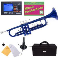 Mendini MTT-BL Blue Lacquer Brass Bb Trumpet + Tuner, Case, Stand, Mouthpiece, Pocketbook & More - MTT-BL+SD+PB+92D