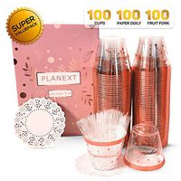 Rose Gold Plastic Cups (100 PCs) - Clear Disposable Party Cups, Rose Gold Rimmed Plastic Wedding Cups 9 Oz, Disposable Cocktail Cups | Set W/Appetizer Picks & Doilies Paper (Rose Gold Congratulations)