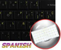 Spanish Keyboard Decals ON Transparent Background with Blue, Orange, RED, White OR Yellow Lettering (14X14) (Yellow)