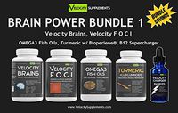 Brain Power Bundle 1 Special for Focus & Speed Productivity - Velocity Brains Formula - Velocity FOCI - Omega 3 Fish Oils - Turmeric with Bioperine - Velocity Charger B12 Drops