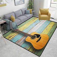 YucouHome Music Floral Door Matts Indoors, Acoustic Guitar on Colorful Painted Aged Wooden Planks Rustic Country Design Print, Fashionable High Class Living Bedroom Rugs(4'x 6') Multicolor
