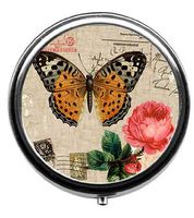Qien BaiSei Vintage Butterfly Stamp Pattern Pill Box/Pill Case-Round Pill Box/Case- Three-Compartment Pill Box/Pill Case