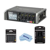 Zoom F4 Multitrack Field Recorder with Timecode - 8x AA Ni-MH Batteries With Charger, Microfiber Cloth
