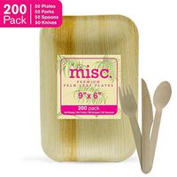 [New, 2020 Product] Palm Leaf Plates 9" X 6" Rectangle 200 Pack (50 Plates, 50 Forks, 50 Knives, 50 Spoons),Wooden Cutlery Bundle, Heavy Duty Biodegradable, Disposable, Compostable, FDA Approved