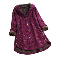 HNTDG Plus Size Coat for Women Winter Warm Floral Print Asymmetrical Button Coat Cotton with Pocket Hooded Outwear Red
