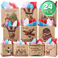 Christmas Gift Bags Bulk Set - 24 Count Kraft Gift Bags with Assorted Christmas Prints, Christmas Goody Bags with Handles for Xmas Gift Wrapping, Classrooms & Party