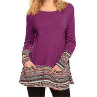 SADUORHAPPY Women Fashion Long Sleeve Pocket Printed Patchwork Blouse Tops Clothes T Shirt Red