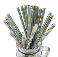 IPALMAY Blue and Foil Gold Stripes Paper Straws for Birthday, Wedding and Party, Pack of 100